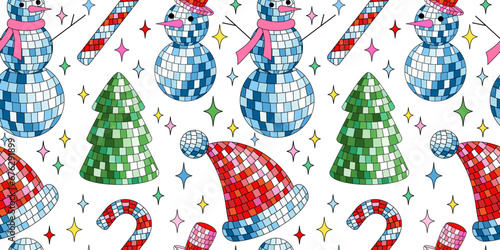 Disco mirror ball snowman, Santa hat, candy cane in cartoon style on black background.
Cute Christmas seamless pattern. Vector funky illustration. Trendy wrapping paper texture.