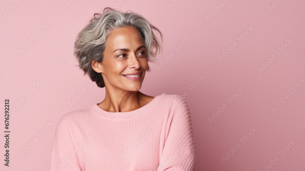 Graceful mature woman with silver hair, wearing a pink sweater, looking away thoughtfully. Graceful mature woman with silver hair, wearing a pink sweater, looking away thoughtfully.
