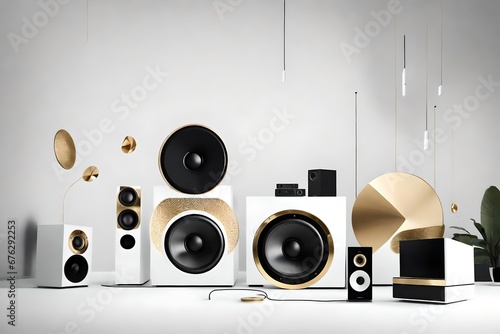 A white and black smart sound system with golden speaker grills, delivering music in an abstract setting.