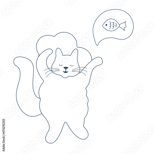 Doodle cartoon hand drawn sleeping cat dreaming of a fish. Cute cartoon vector simple illustration for children