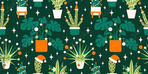Christmas Vector Seamless Pattern with cute houseplants. Modern hand drawn colorful illustration. Wrapping paper with decorated green indoor palms and cactuses. 