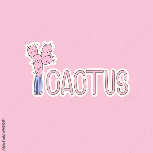 Cactus poster. Cactus in doodle cartoon style. Vector illustration with succulent in pots. Cute prickly plants for design. Editable stroke