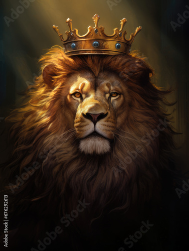 Lion with a crown on his head. Digital art.