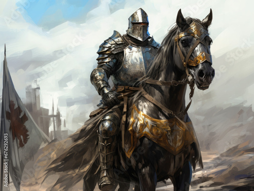 Knight in armor on horseback. Digital art.