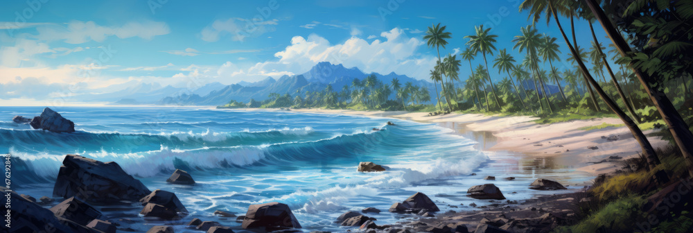 Seashore. Palm trees and the sea. Panoramic view. Digital art. - obrazy, fototapety, plakaty 