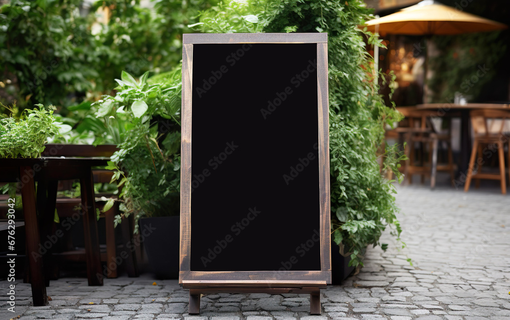 Empty black menu board. Blurred street cafe or restaurant background. Chalkboard menu sign mockup.