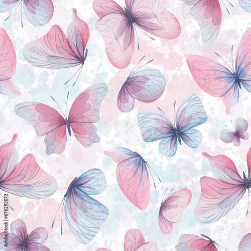 Butterflies are pink  blue  lilac  flying  delicate with wings and splashes of paint. Hand drawn watercolor illustration. Seamless pattern on a white background  for design