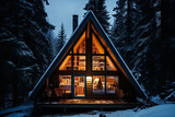 Modern wooden a-frame house in a winter snowy forest in the evening