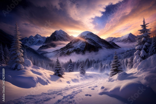 Colorful poster winter mountain landscape at sunset in photorealistic style