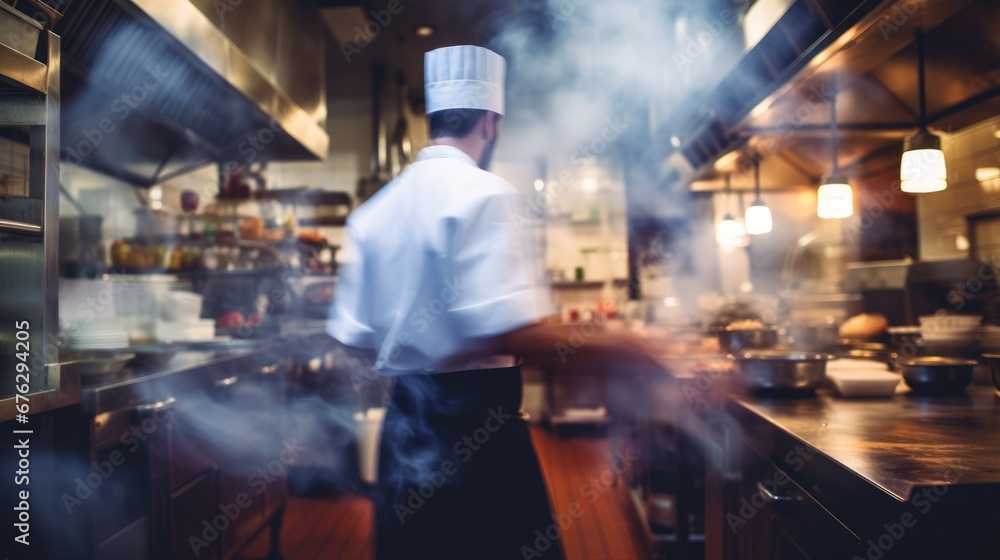 Fototapeta premium Chef. Blurred restaurant kitchen background. Open kitchen with light bokeh