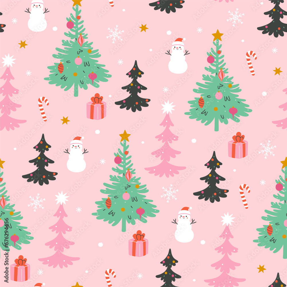 Seamless Christmas pattern with Christmas trees, snowmen and gifts. Vector graphics.