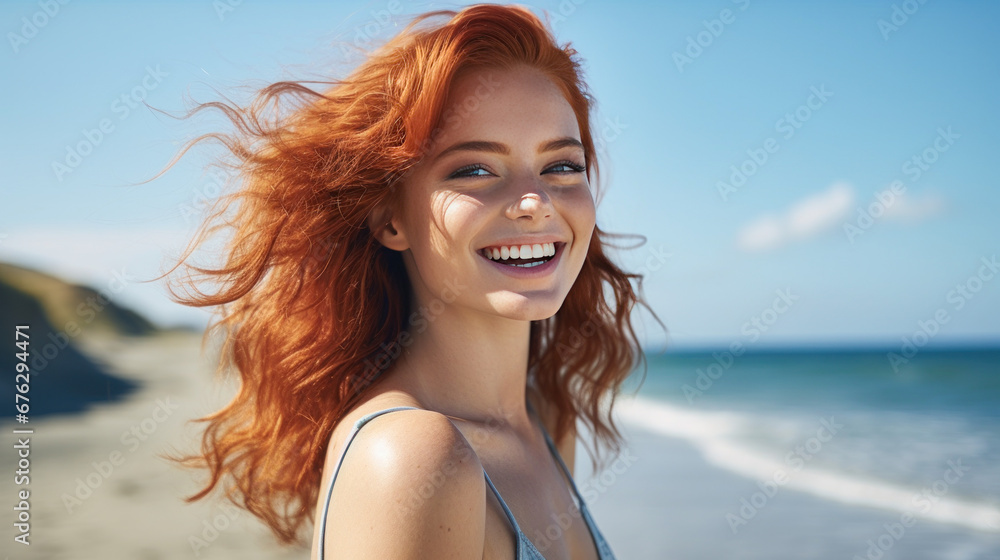 Beautiful redhaired girl smiling against the background of the beach and sea. Beautiful redhaired girl smiling against the background of the beach and sea.