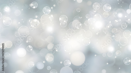 Seamless abstract white bokeh blur background texture transparent overlay. Dreamy soft focus wallpaper backdrop. Light silver grey diffuse glowing floating holiday circle dots pattern . Generative Ai.