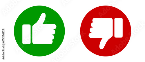 Thumb up and thumb down icons set in green and red colors. Like and dislike icon. Flat style - stock vector EPS 10 photo