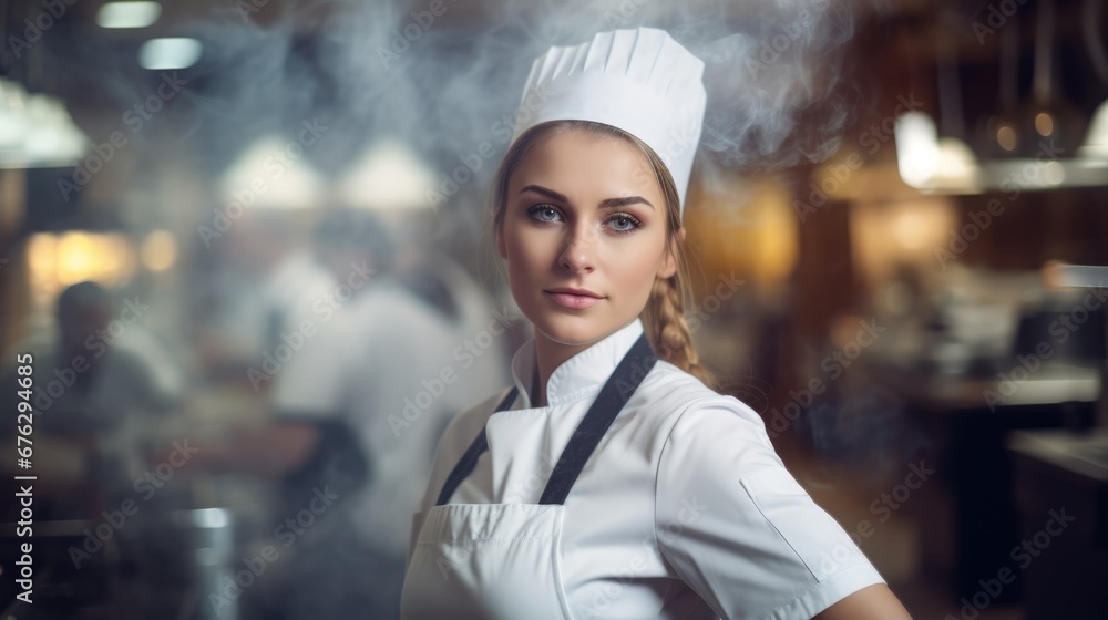 Female chef standing in restaurant kitchen, posing for the camera, cooking show Female chef standing in restaurant kitchen, posing for the camera, cooking show