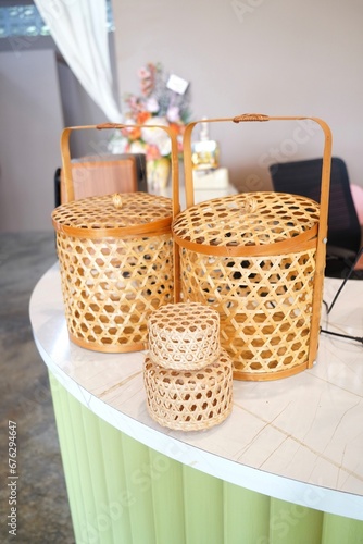 round bamboo basket handwoven original in Thai , handcraft traditional.