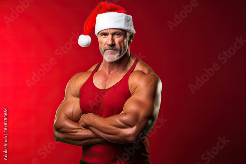 Muscular body builder Father Santa Claus on red background showing his muscles. christmas holidays © Eli Berr
