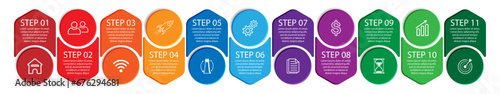 11 step infographic, circle design with various interconnected colors, simple, text, numbers and icons, suitable for your business presentation
