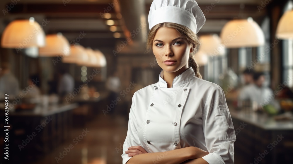 Fototapeta premium Female chef standing in restaurant kitchen, posing for the camera, cooking show