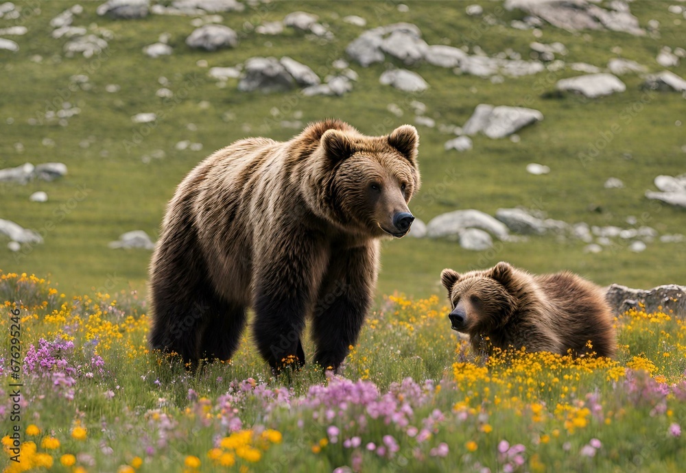 Obraz premium A picturesque moment in the Deosai National Park, with wildflowers swaying in the breeze beneath the watchful gaze of the Himalayan brown bears.