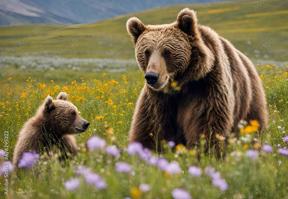 Fototapeta premium A picturesque moment in the Deosai National Park, with wildflowers swaying in the breeze beneath the watchful gaze of the Himalayan brown bears.