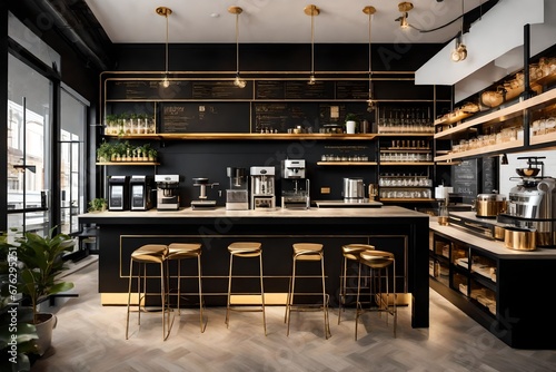 An ultra-modern black and gold coffee station with intelligent brewing options, set in a trendy cafe with abstract, industrial-inspired design elements.