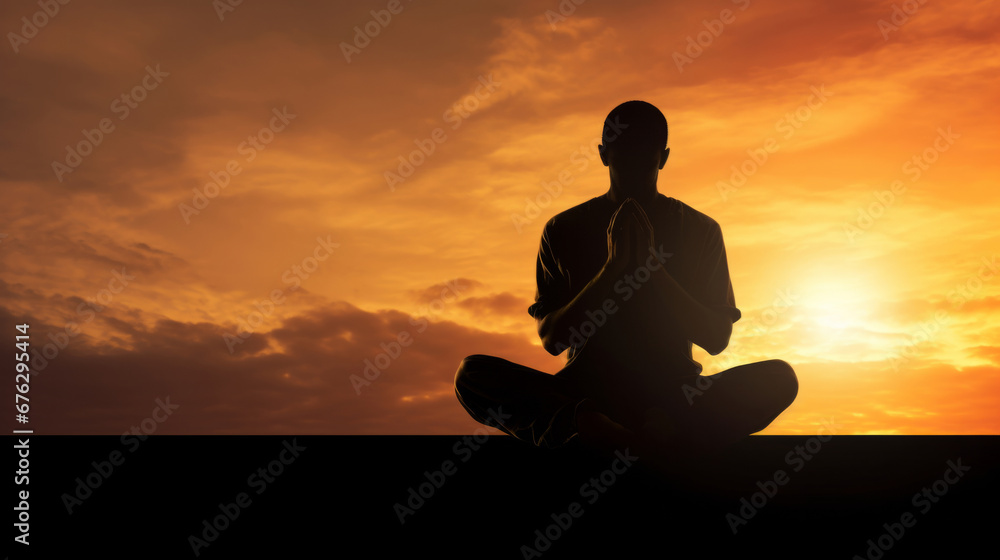 Man, silhouette and meditation in nature at sunset or sunrise, for mindfulness and spirituality worship. Prayer hands, peaceful and religion practise with view for mental health, zen and stress free