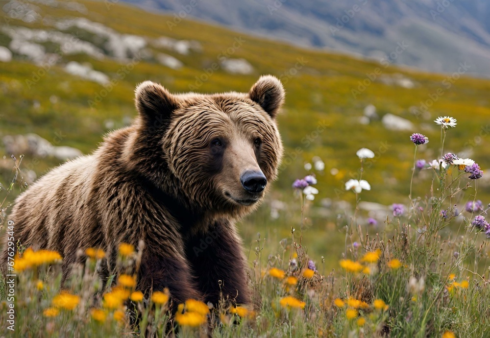 Fototapeta premium A picturesque moment in the Deosai National Park, with wildflowers swaying in the breeze beneath the watchful gaze of the Himalayan brown bears.
