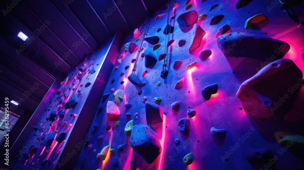 Neon wall with climbing holds in gym. Climbing wall. Sports and active lifestyle - obrazy, fototapety, plakaty 