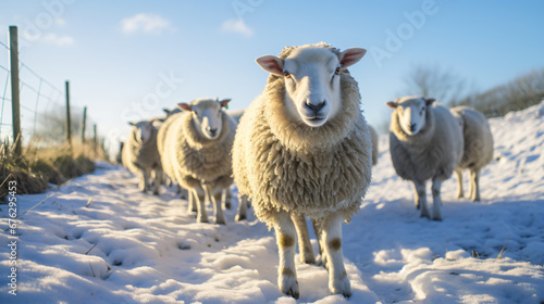 Sheep in snow copy space