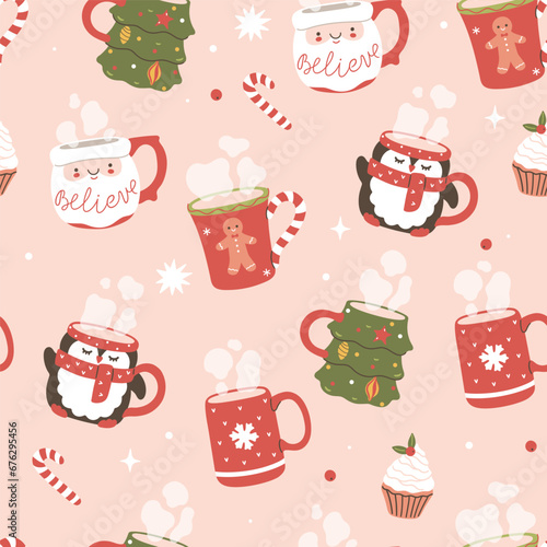 Seamless Christmas pattern with festive mugs. Vector graphics.