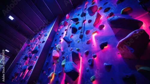 Neon wall with climbing holds in gym. Climbing wall. Sports and active lifestyle photo