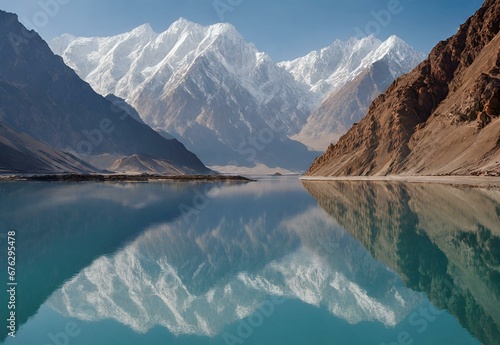 A scene of tranquility, highlighting the crystal-clear waters of Attabad Lake reflecting the snowy peaks of the Karakoram Range. photo