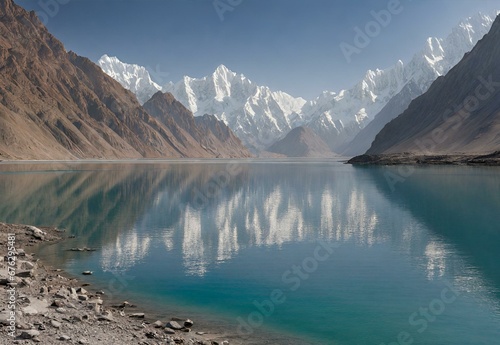 A scene of tranquility, highlighting the crystal-clear waters of Attabad Lake reflecting the snowy peaks of the Karakoram Range. © Rao Saad Ishfaq