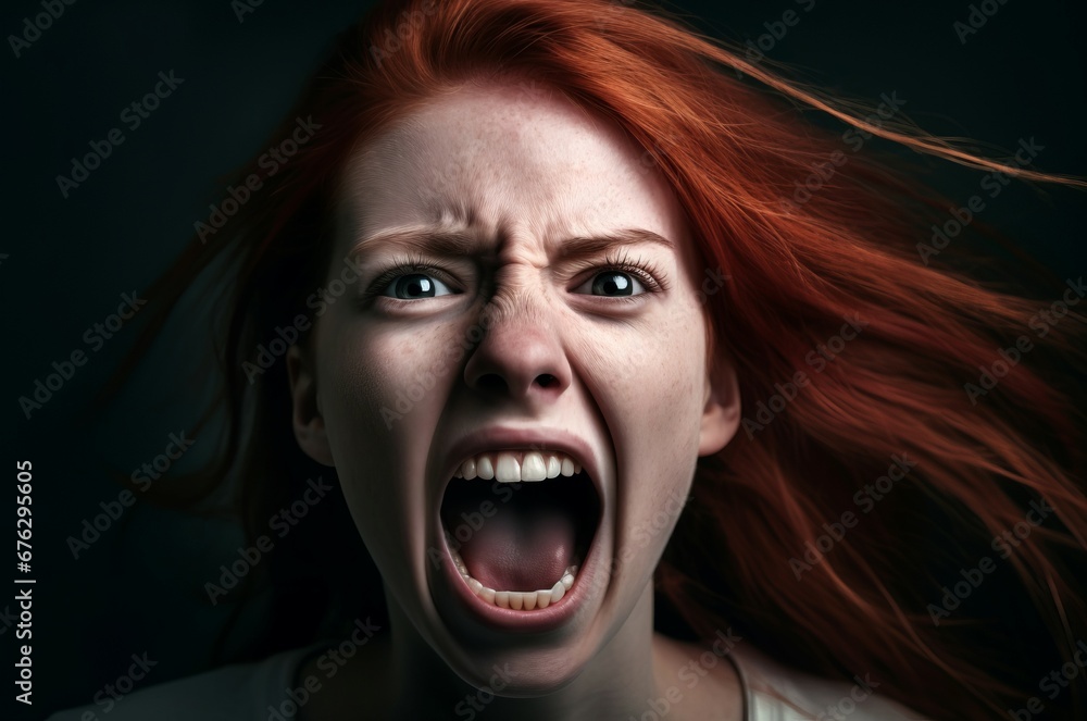 Red hair woman scream closeup. Gesture fashion adult health emotion. Generate Ai