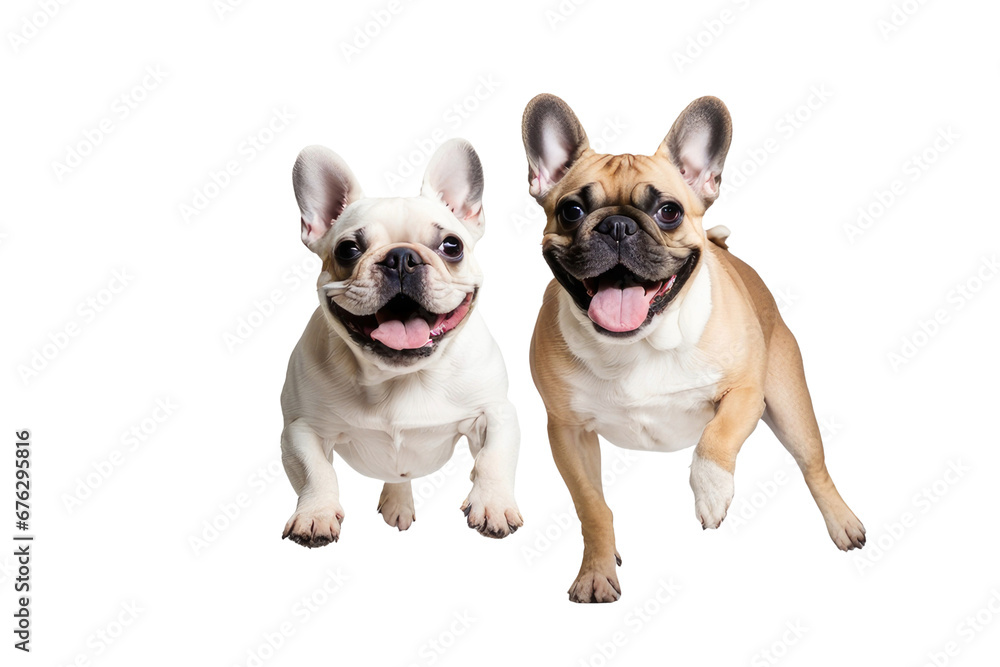 a quality stock photograph of two laughing happy jumping french bulldogs full body isolated on a white background