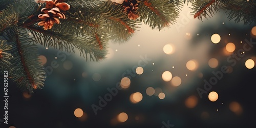 Christmas Holiday background with fir tree and decorations with christmas festive fairy bokeh lights, Happy New Year. Beautiful background. Decorated Blurred de-focused garland lights, gold bokeh
