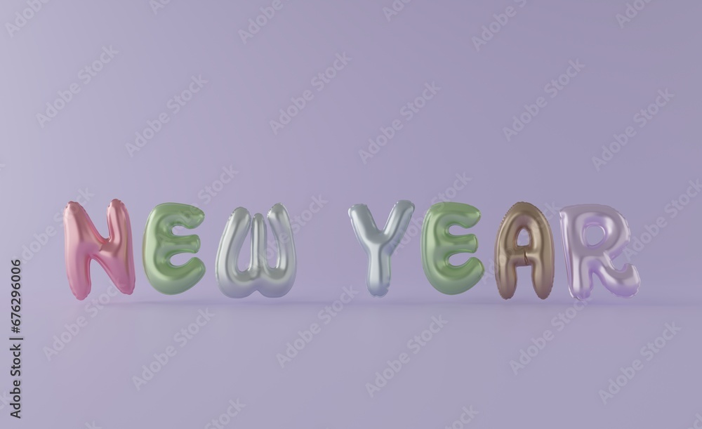 English letters pastel colors new year plastic balloons on a light purple background 3d rendering.