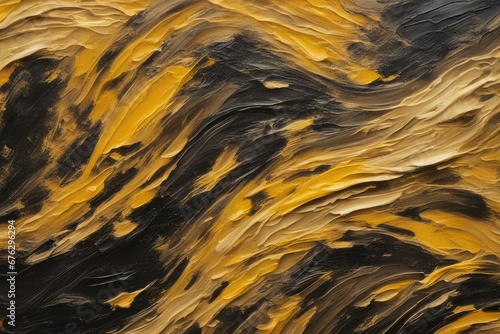 Closeup of abstract rough colorfuldark yellow art painting texture background wallpaper, with oil or acrylic brushstroke waves, pallet knife paint on canvas