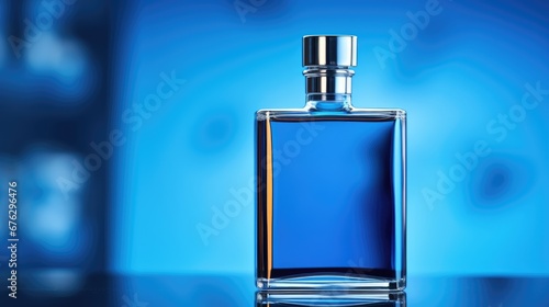 Blue perfume bottle on a blue background. Mockup men perfume bottle photo