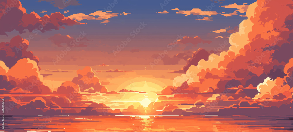 Sunset or sunrise in ocean, nature landscape background, pink clouds. Evening or morning view pixel art illustration. - obrazy, fototapety, plakaty 