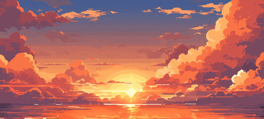 Papier peint photo Corail Sunset or sunrise in ocean, nature landscape background, pink clouds. Evening or morning view pixel art illustration.  © junghc1