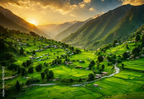 A serene image capturing the lush green valleys of Swat in Pakistan during the golden hour. photo