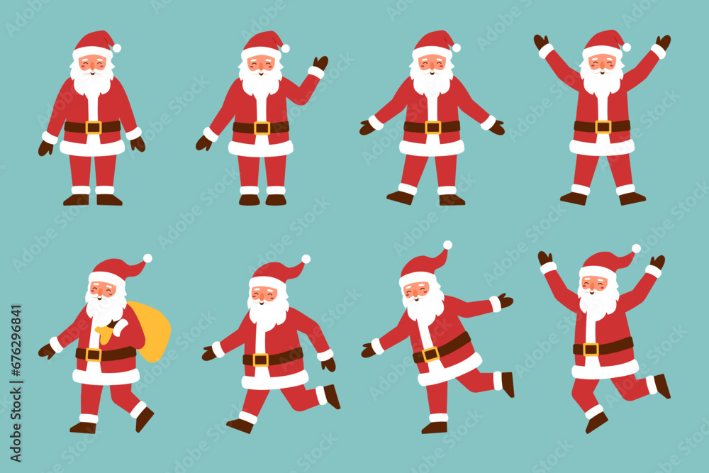 A set of Santa Clauses in various poses. Christmas concept.