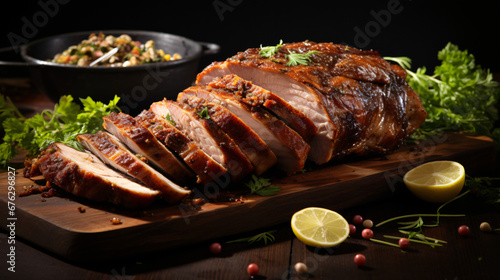 Sliced roasted pork with spices photo