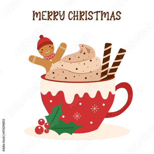 Christmas drink, mug, cream and gingerbread man. Christmas concept.	
