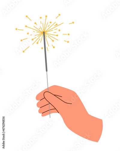 Sparkler in the hand on white background. Hand holding burning sparkler.	
