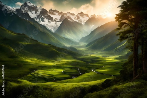 A lush, green valley nestled between towering snow-capped peaks.