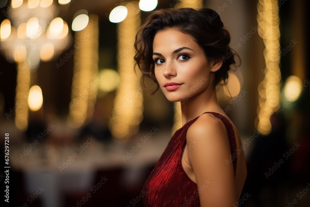 a beautiful young woman at a formal Christmas gala, her radiant appearance and elegance portraying the liberated and magical mood of a special holiday event held in a grand ballroom