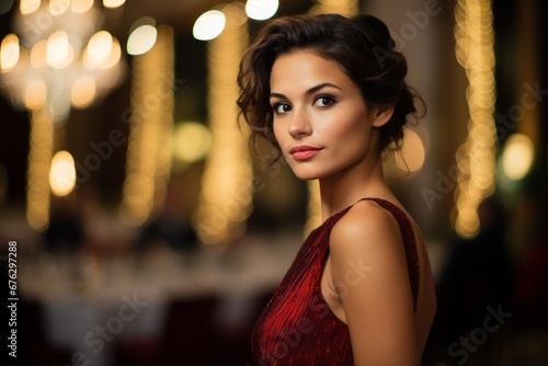 a beautiful young woman at a formal Christmas gala, her radiant appearance and elegance portraying the liberated and magical mood of a special holiday event held in a grand ballroom